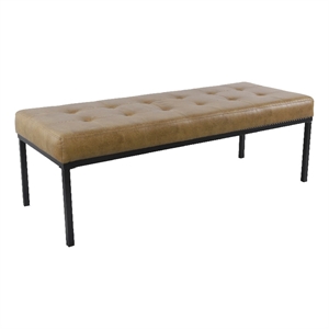 Benjara Alp Bench- Black Open Metal Frame- Brown Tufted Faux Leather 54 Inch