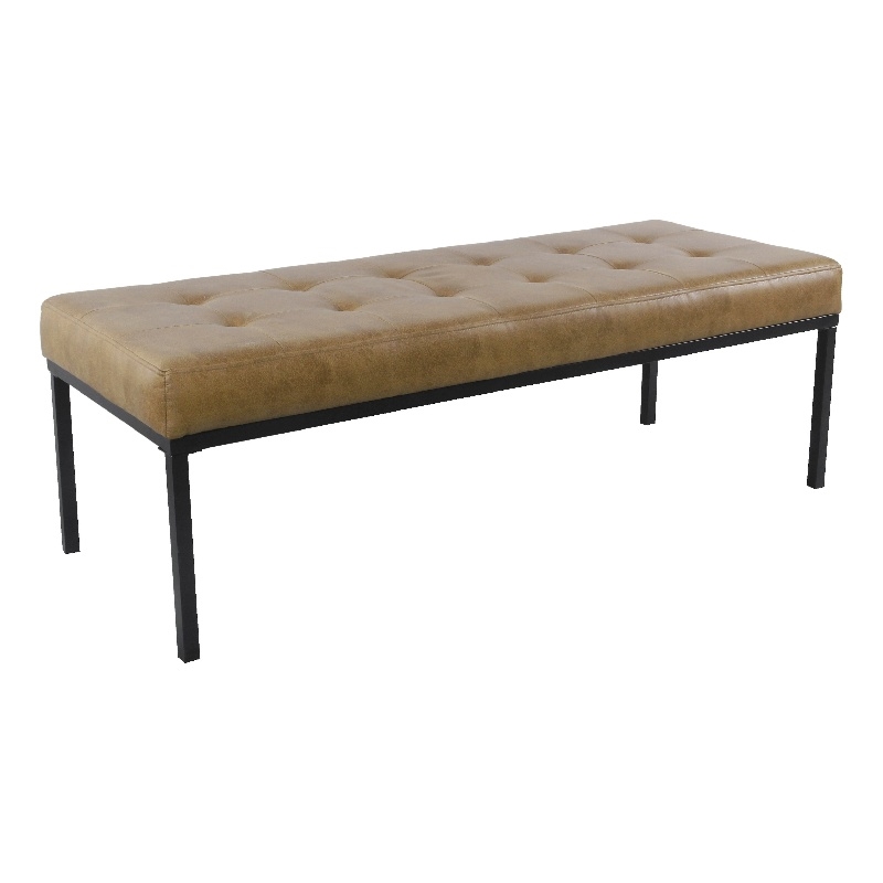 Benjara Alp Bench- Black Open Metal Frame- Brown Tufted Faux Leather 54 Inch
