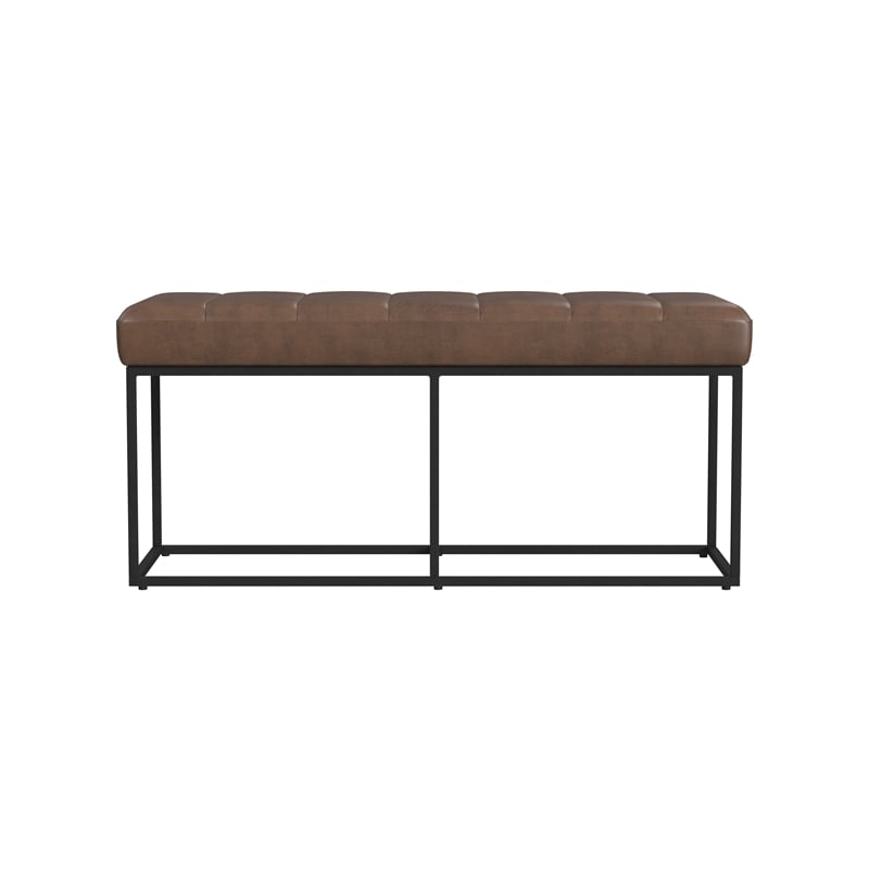 Benjara Kai Bench- Open Metal Frame- Brown Channel Stitch Faux Leather 43 Inch