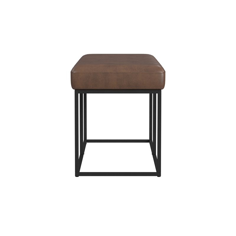 Benjara Kai Bench- Open Metal Frame- Brown Channel Stitch Faux Leather 43 Inch