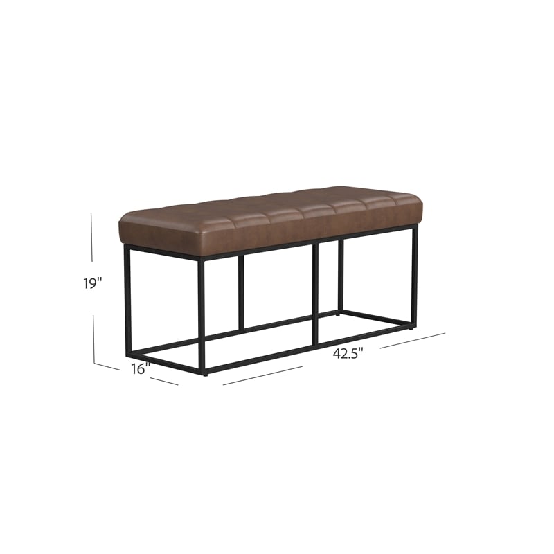 Benjara Kai Bench- Open Metal Frame- Brown Channel Stitch Faux Leather 43 Inch