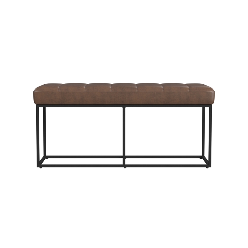 Benjara Kai Bench- Open Metal Frame- Brown Channel Stitch Faux Leather 43 Inch