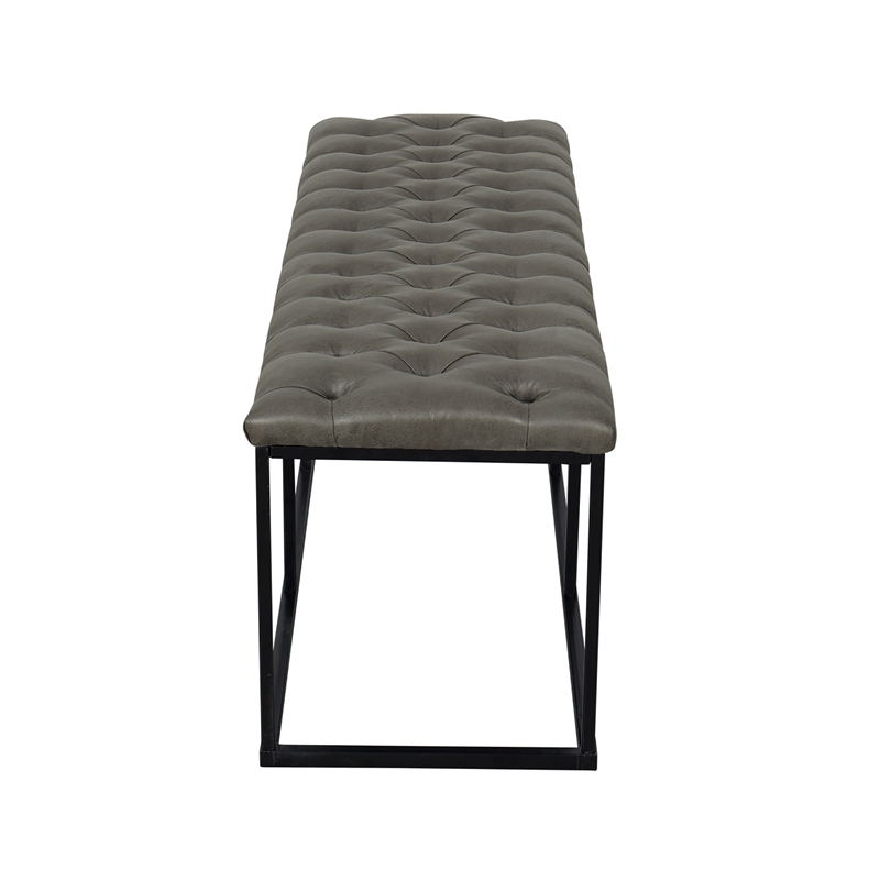 Benjara Ali Ottoman Bench- Open Metal Frame- Gray Tufted Faux Leather 52 Inch