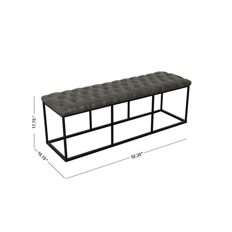 Benjara Ali Ottoman Bench- Open Metal Frame- Gray Tufted Faux Leather 52 Inch