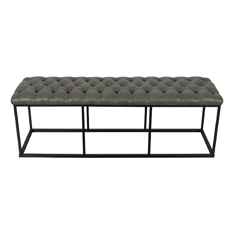 Benjara Ali Ottoman Bench- Open Metal Frame- Gray Tufted Faux Leather 52 Inch
