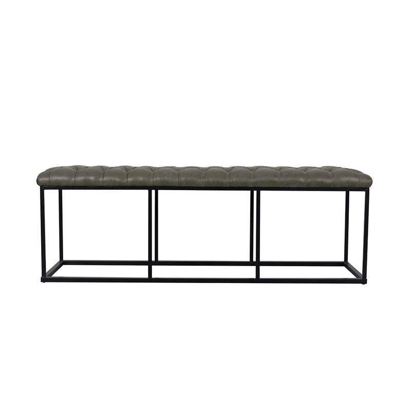 Benjara Ali Ottoman Bench- Open Metal Frame- Gray Tufted Faux Leather 52 Inch