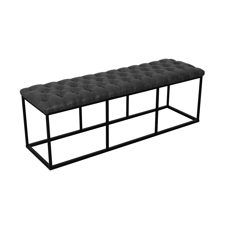 Benjara Ali Ottoman Bench- Open Metal Frame- Gray Tufted Faux Leather 52 Inch