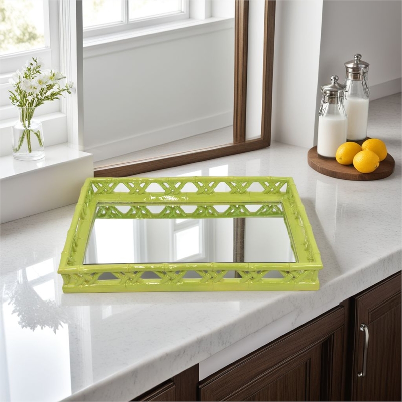 Benjara Aeny Accessory Tray with Mirror- 20 Inch- Bamboo Look Lime Green Resin