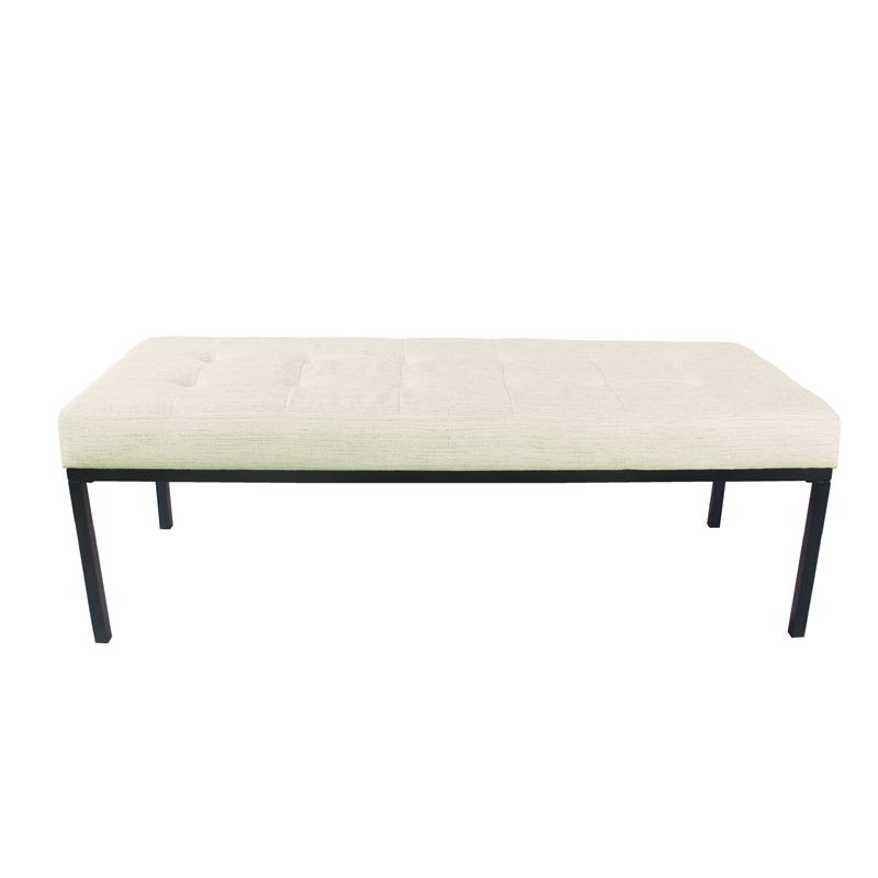 Benjara Alp Bench- Black Open Metal Frame- Cream Woven Tufted Fabric 54 Inch
