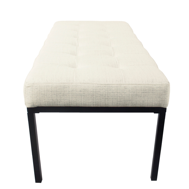 Benjara Alp Bench- Black Open Metal Frame- Cream Woven Tufted Fabric 54 Inch