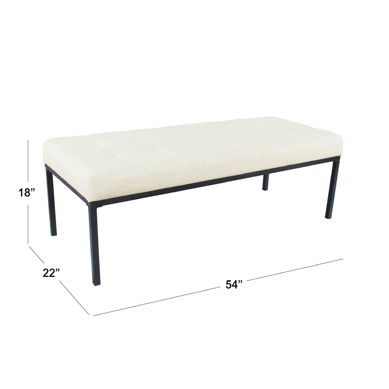 Benjara Alp Bench- Black Open Metal Frame- Cream Woven Tufted Fabric 54 Inch