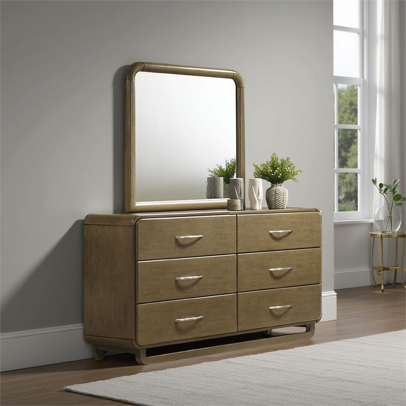 Benjara Deon Dresser Mirror- Brown Wood- Round Frame with Curved Top- 37 Inch
