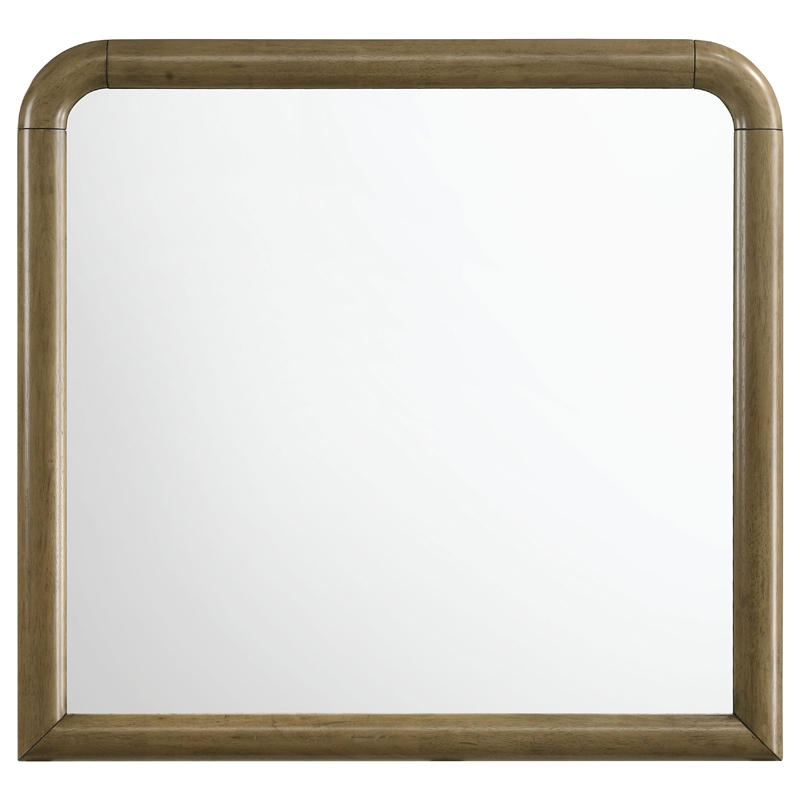 Benjara Deon Dresser Mirror- Brown Wood- Round Frame with Curved Top- 37 Inch