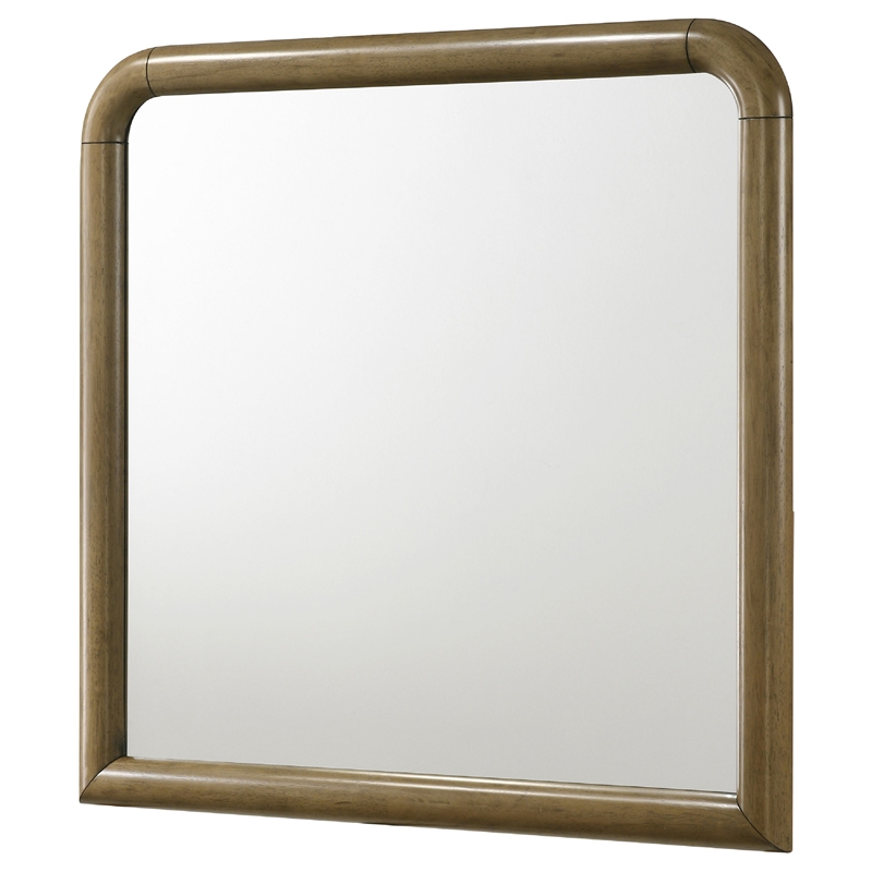 Benjara Deon Dresser Mirror- Brown Wood- Round Frame with Curved Top- 37 Inch