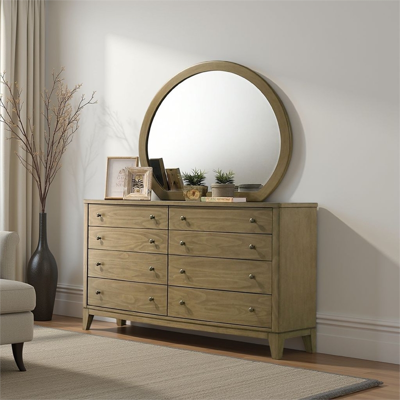 Benjara Heon Dresser Mirror- Natural Brown Wood- Subtle Rounded Shape- 38 Inch