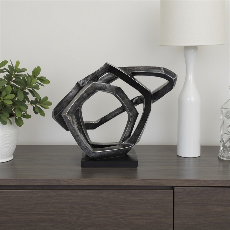Benjara Abstract Decorative Tabletop Sculpture- Gray Resin Geometric- 17 Inch