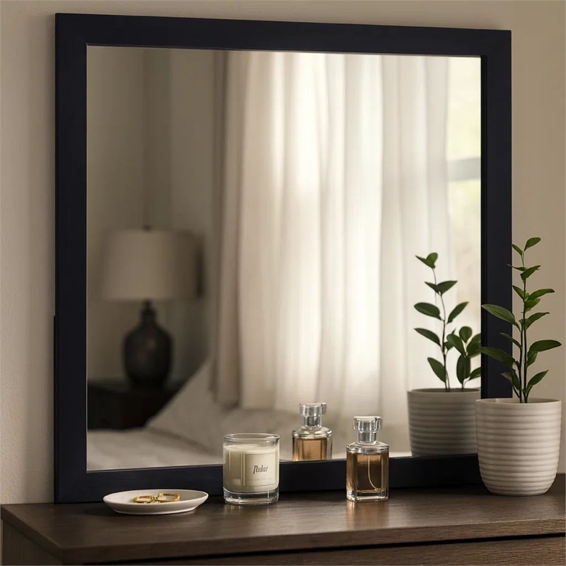 Benjara Dex Rectangular Dresser Mirror- Non-Beveled Glass- Black Wood-Melamine