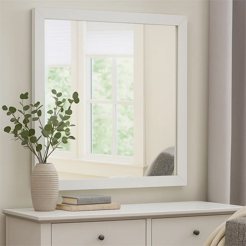 Benjara Dex Rectangular Dresser Mirror- Non-Beveled Glass- White Wood-Melamine