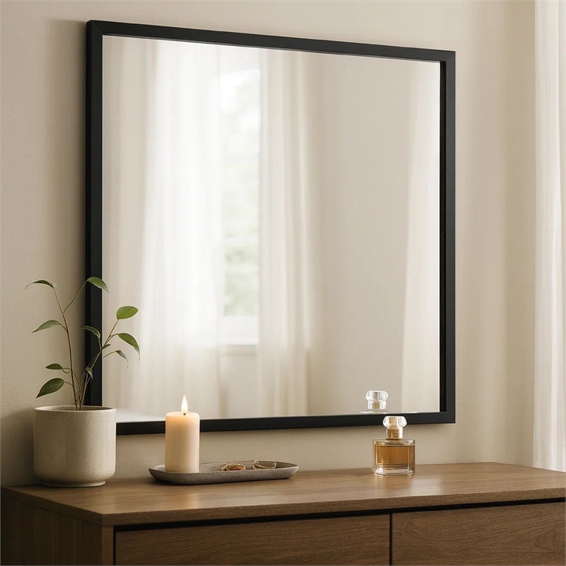 Benjara Jenny Square Dresser Mirror- Polished Chrome Trim- Black Wood-Melamine