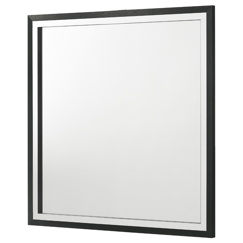 Benjara Jenny Square Dresser Mirror- Polished Chrome Trim- Black Wood-Melamine