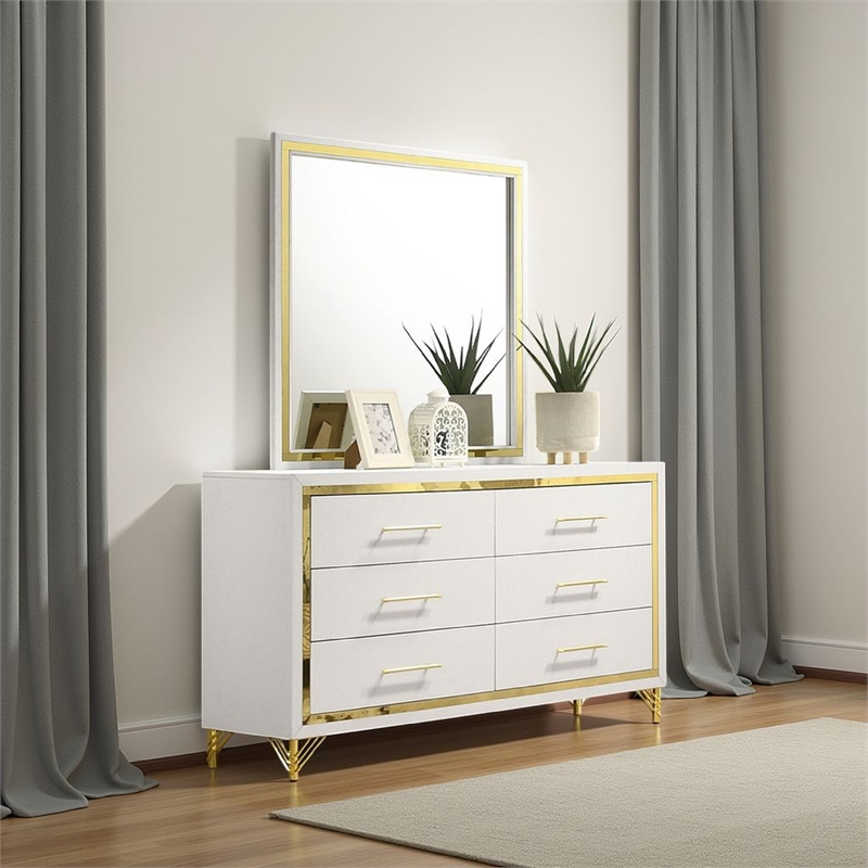 Benjara Jenny Square Dresser Mirror- Polished Golden Trim- White Wood-Melamine