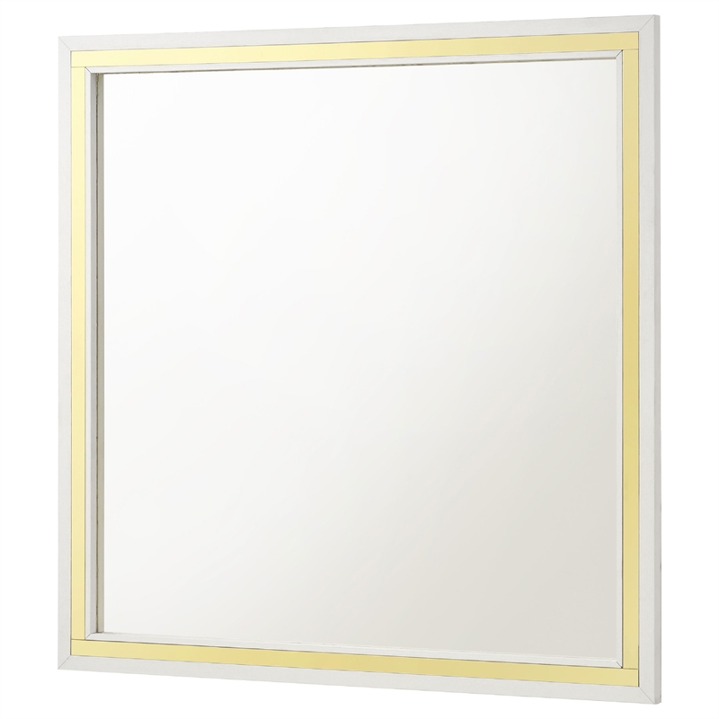 Benjara Jenny Square Dresser Mirror- Polished Golden Trim- White Wood-Melamine