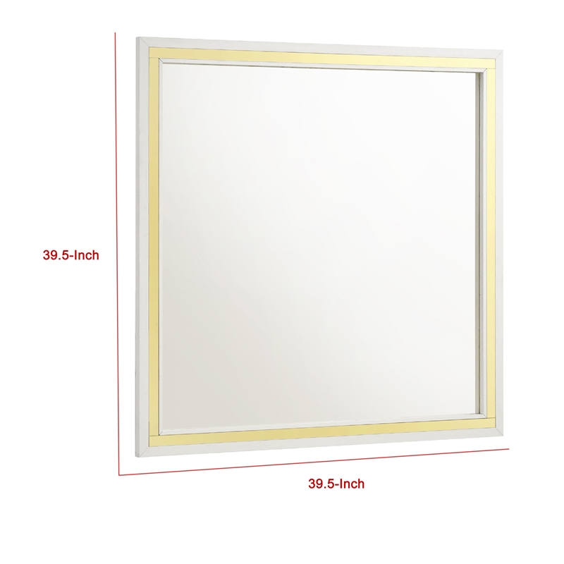 Benjara Jenny Square Dresser Mirror- Polished Golden Trim- White Wood-Melamine