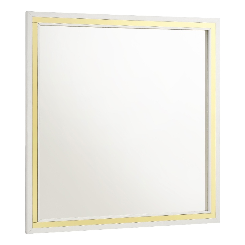 Benjara Jenny Square Dresser Mirror- Polished Golden Trim- White Wood-Melamine