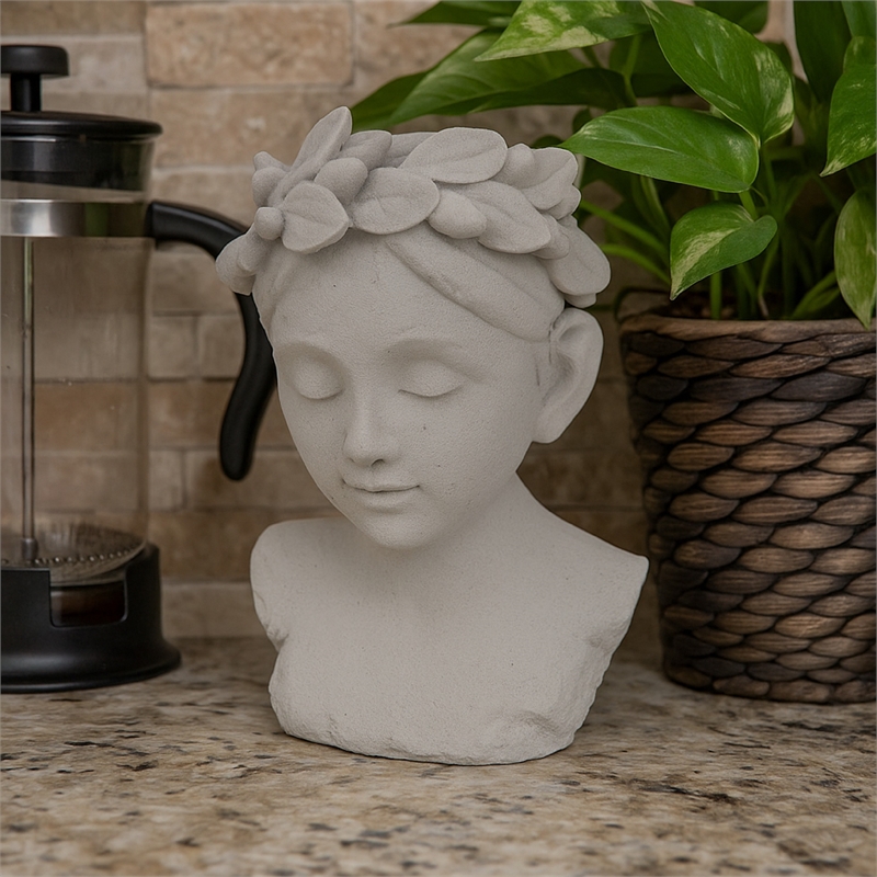 Benjara Sanie Decorative Female Bust with Floral Crown- Gray Resin 17 Inch
