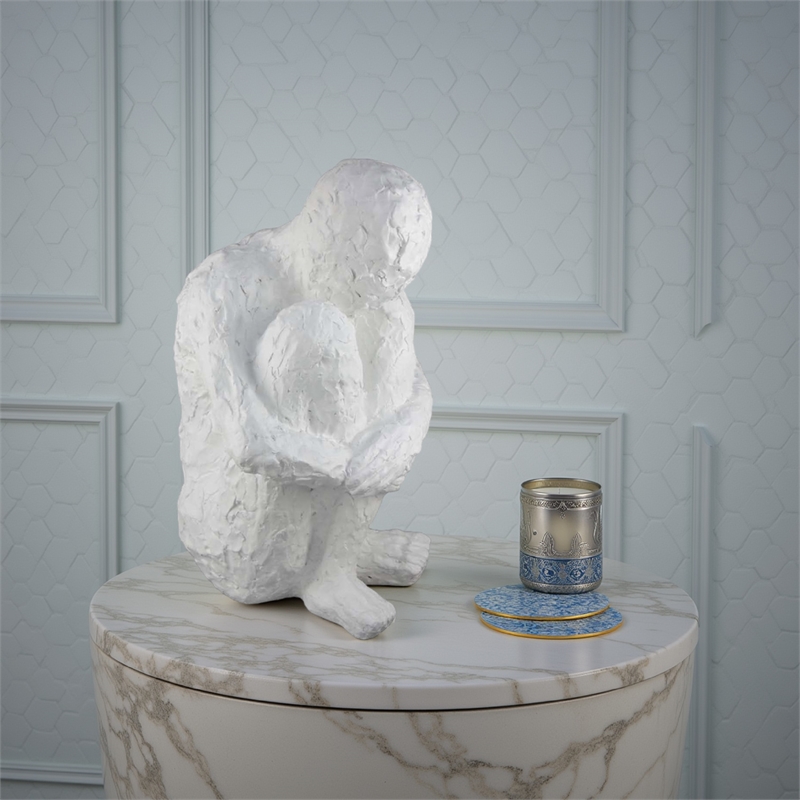 Benjara Roy Abstract Contemplative Man Figurine- White Resin Art- 27 Inch