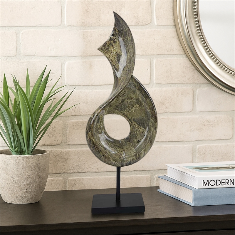 Benjara Tabletop Accent Decor- Gray Green Resin- Black Metal Support- 22 Inch