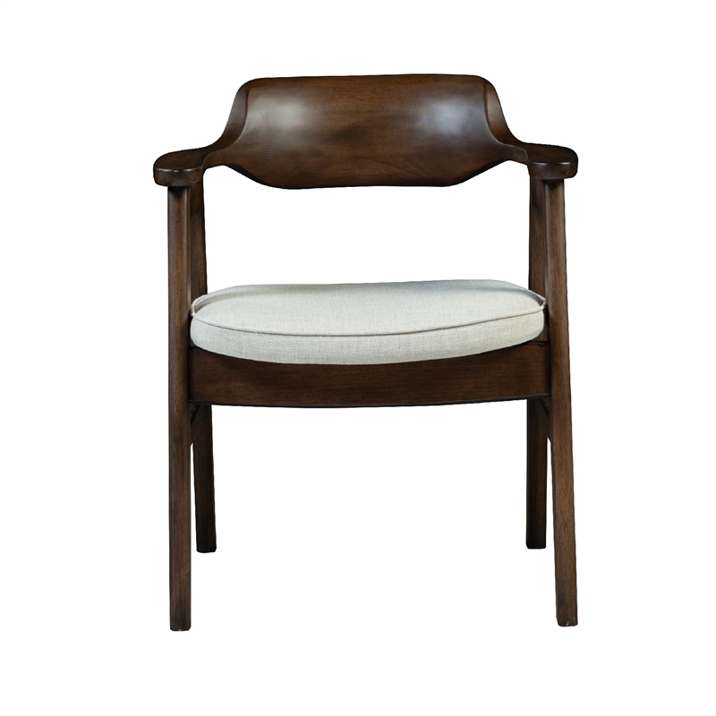 Benjara Zsy Dining Armchair- Sand White- Java Brown Birch Wood- Curved Back