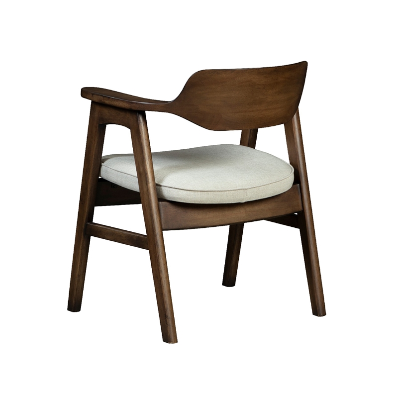 Benjara Zsy Dining Armchair- Sand White- Java Brown Birch Wood- Curved Back
