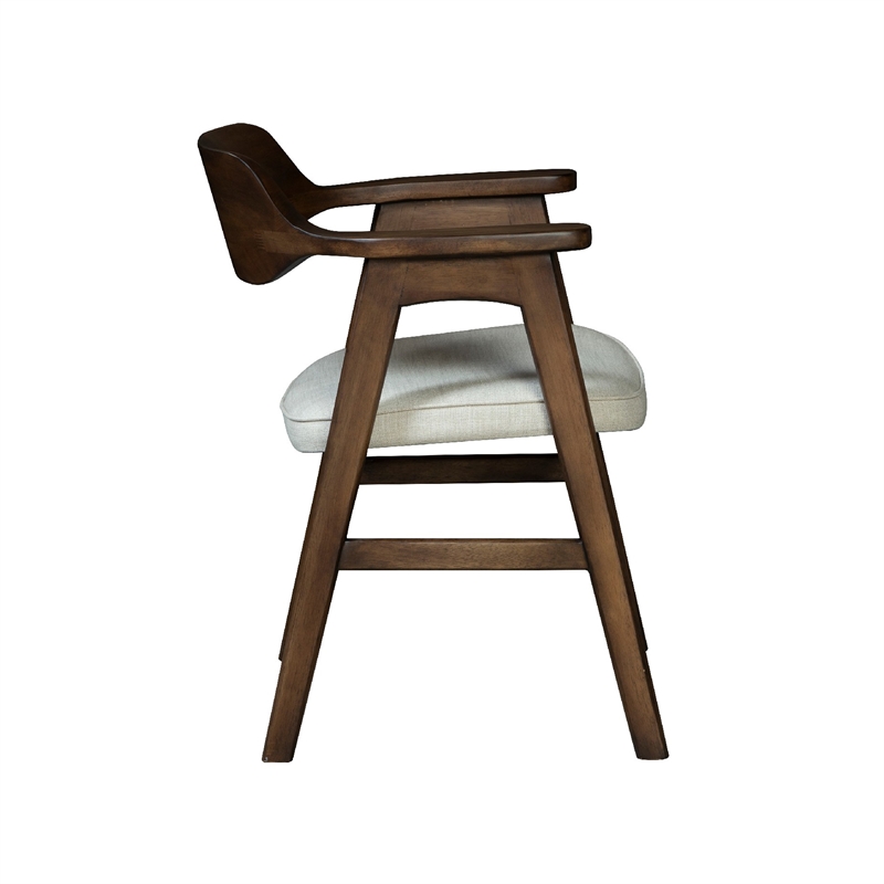 Benjara Zsy Dining Armchair- Sand White- Java Brown Birch Wood- Curved Back