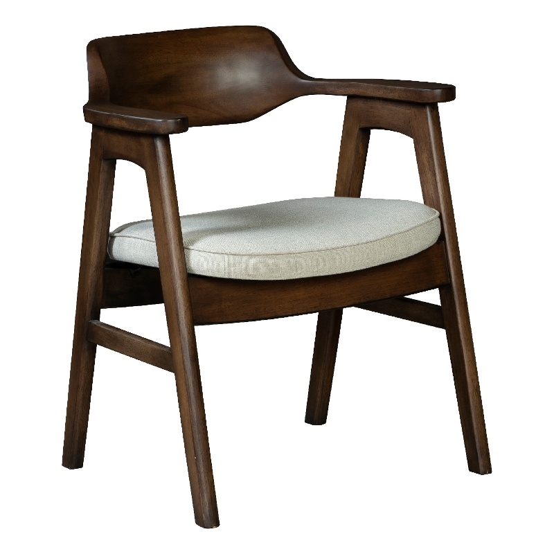 Benjara Zsy Dining Armchair- Sand White- Java Brown Birch Wood- Curved Back
