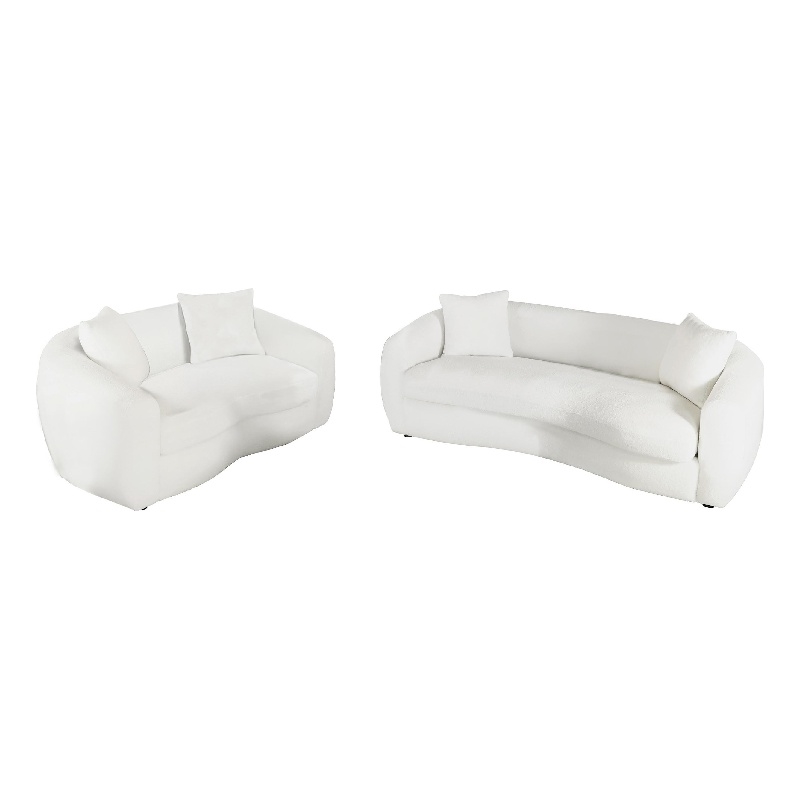 Benjara Viola 2pc Living Room Sofa Set- White Boucle and Faux Sheepskin
