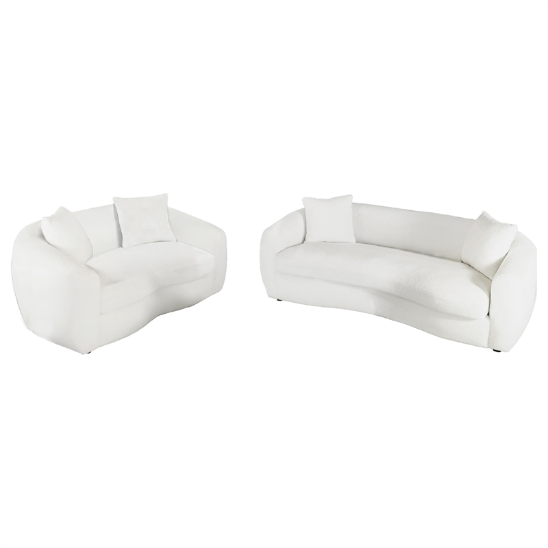Benjara Viola 2pc Living Room Sofa Set- White Boucle and Faux Sheepskin