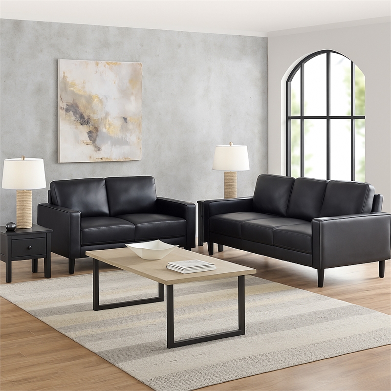 Benjara Rumi 2pc Sofa and Loveseat Set- Modern Track Arms- Black Faux Leather