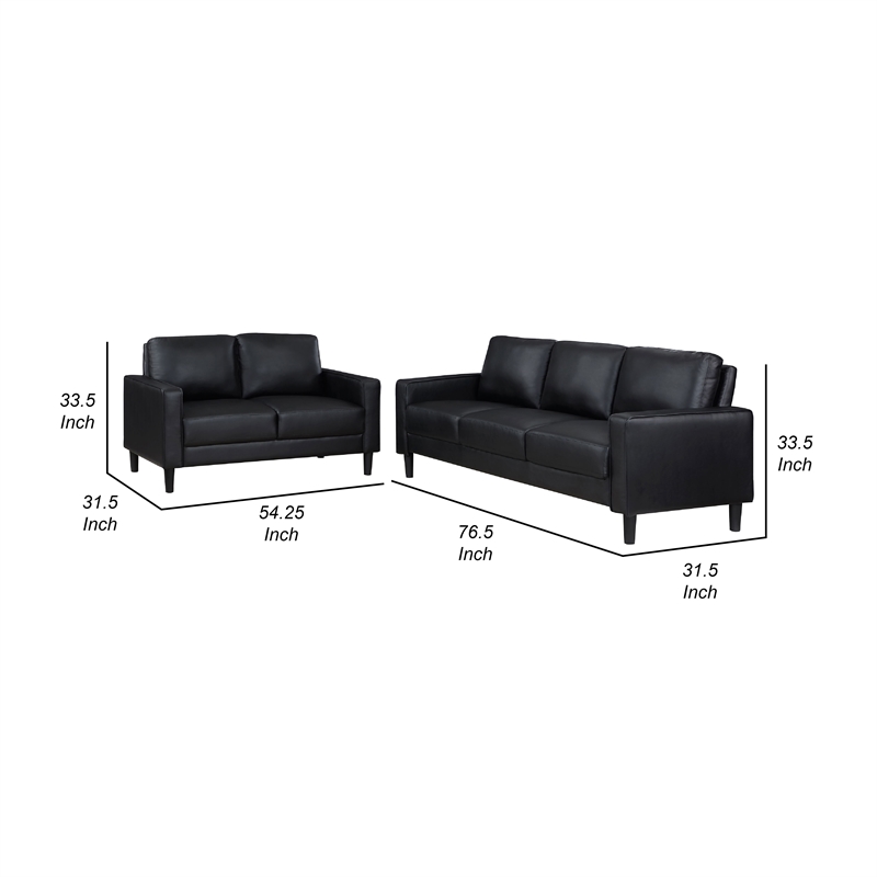 Benjara Rumi 2pc Sofa and Loveseat Set- Modern Track Arms- Black Faux Leather