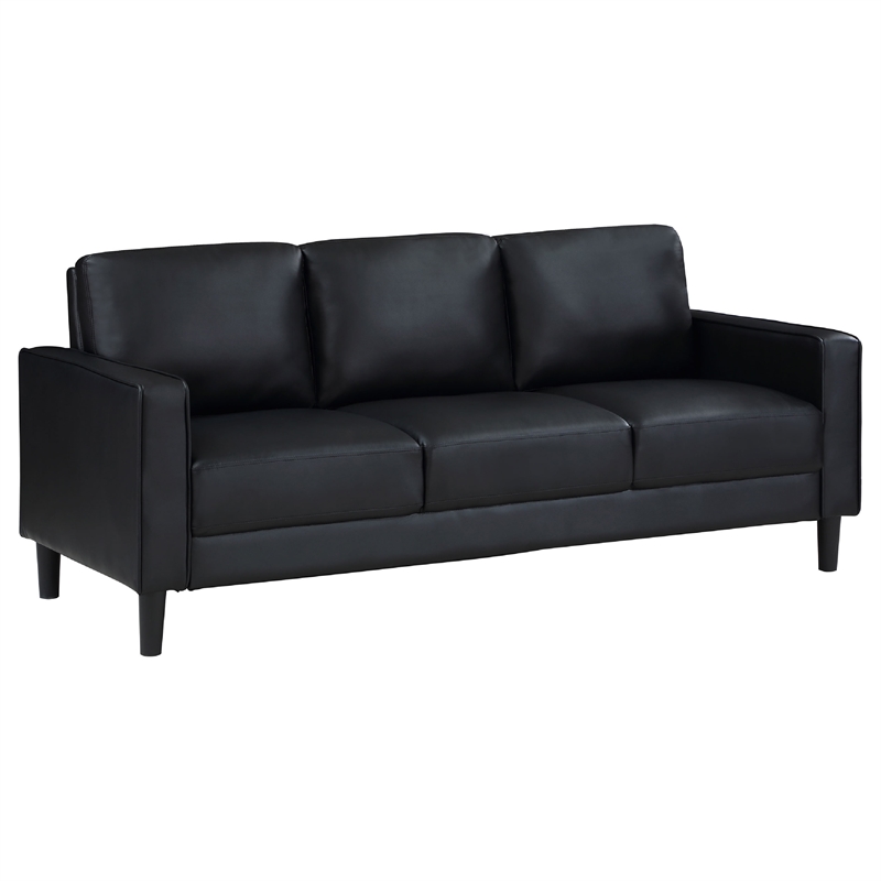 Benjara Rumi 2pc Sofa and Loveseat Set- Modern Track Arms- Black Faux Leather