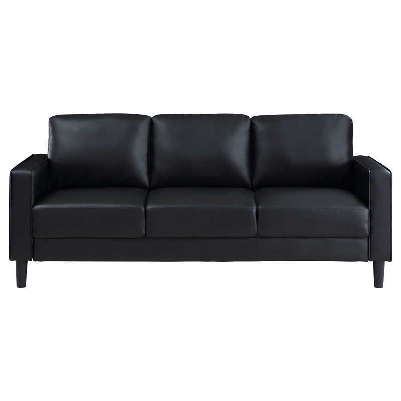 Benjara Rumi 2pc Sofa and Loveseat Set- Modern Track Arms- Black Faux Leather