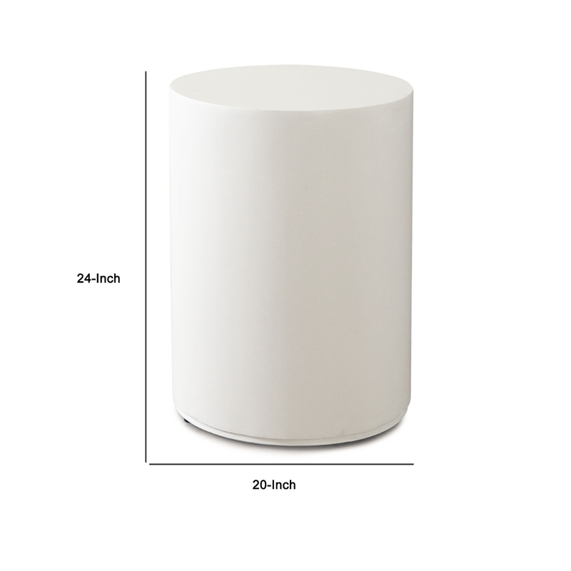 Benjara Viko Round Side End Table- White Wood Faux Concrete Finish- 20 Inch