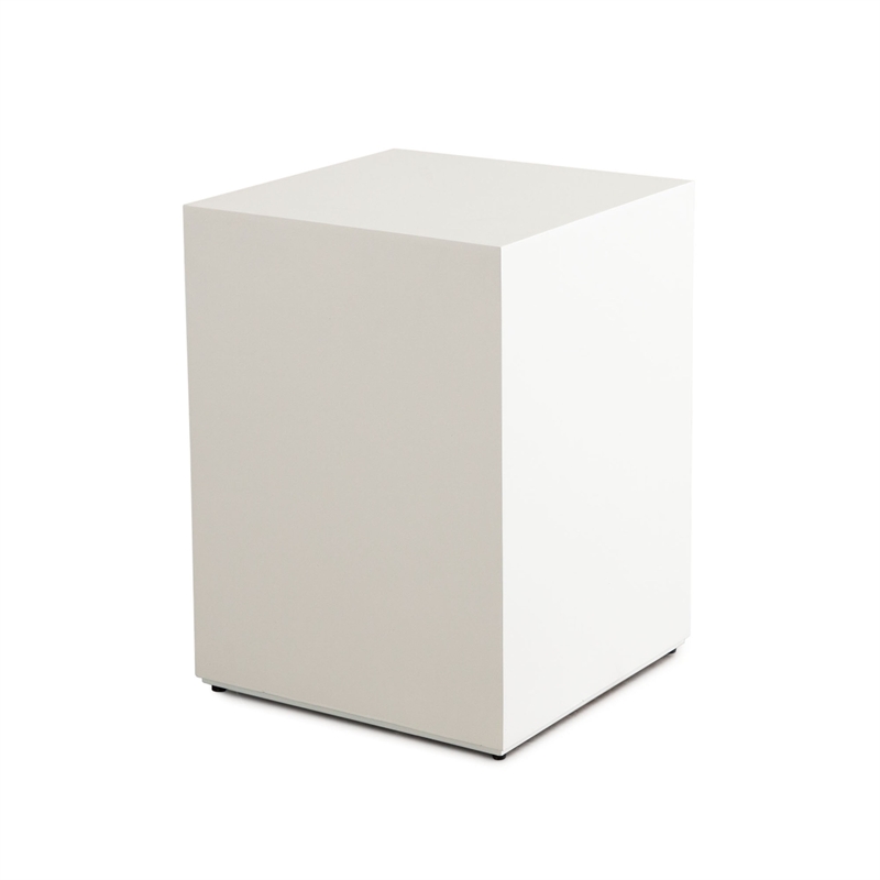 Benjara Viko Square Side End Table- White Wood Faux Concrete Finish- 20 Inch