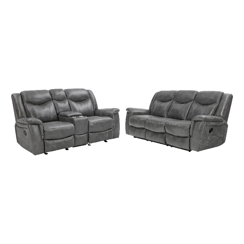 Benjara Conie 2pc Manual Recliner Sofa and Loveseat Set- Gray Faux Leather