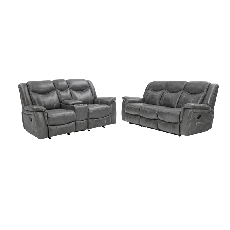 Benjara Conie 2pc Manual Recliner Sofa and Loveseat Set- Gray Faux Leather