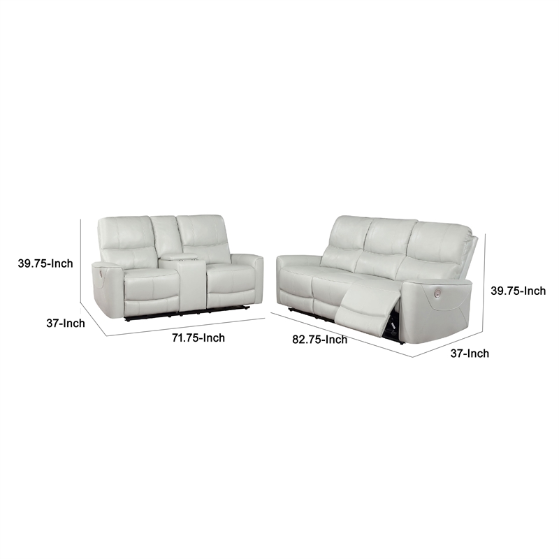 Benjara Lima 2pc Power Reclining Sofa and Loveseat Set- Ivory Faux Leather