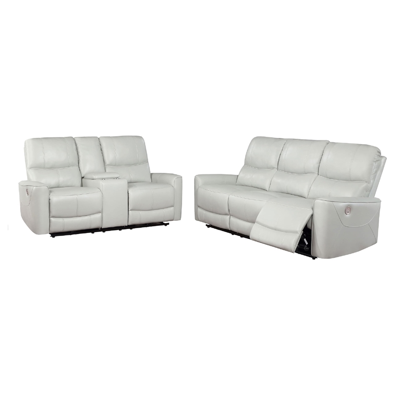 Benjara Lima 2pc Power Reclining Sofa and Loveseat Set- Ivory Faux Leather