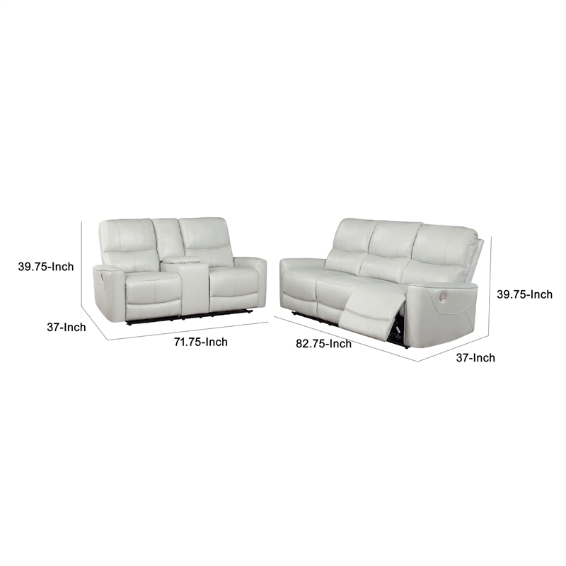 Benjara Lima 2pc Power Reclining Sofa and Loveseat Set- Ivory Faux Leather