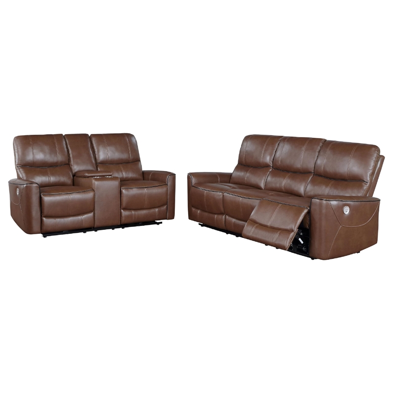Benjara Lima 2pc Power Reclining Sofa and Loveseat Set- Brown Faux Leather