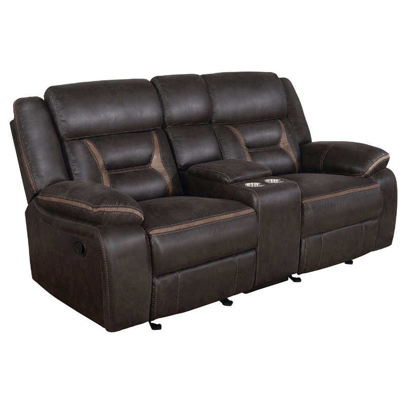 Benjara Garie 2pc Manual Reclining Sofa and Loveseat Set- Brown Faux Leather